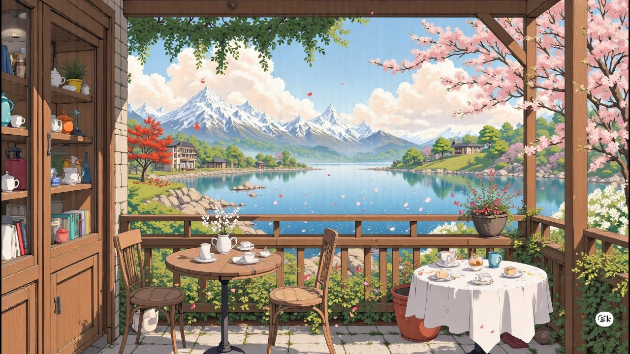 Lofi Coffee Shop with Mountain Lake View ☕ Spring Café Ambience for Study / Work / Relax