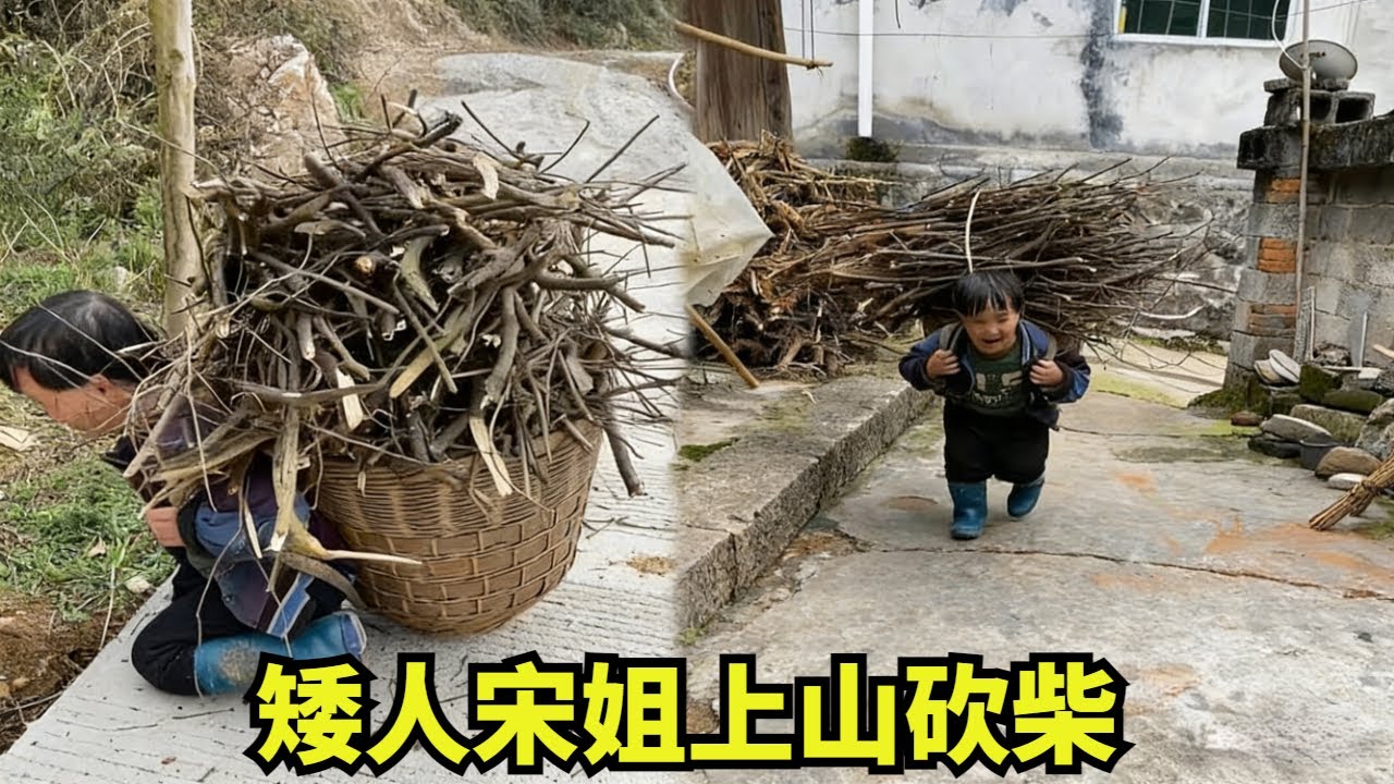 没有柴火了，矮人宋姐上山砍了满满一筐，虽然很辛苦但回来吃到妈妈做的饭菜就很幸福！#农村生活#袖珍人