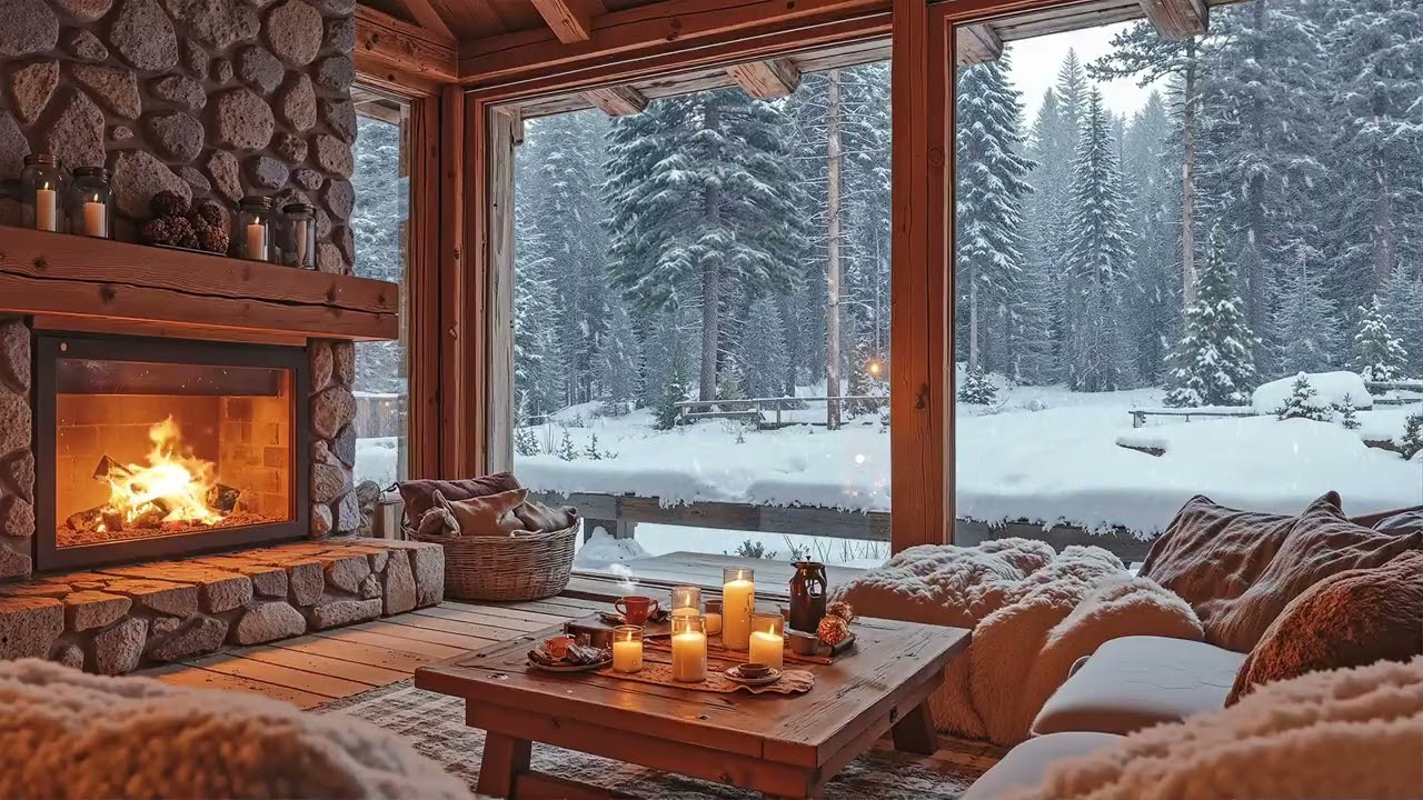 Warm Winter Cabin Jazz ✨ Snowy Fireplace Atmosphere | Chill Smooth Jazz for Cozy Evenings