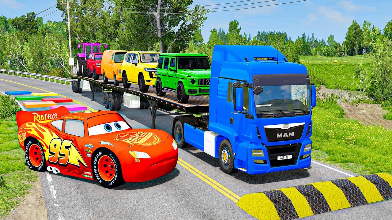 Flatbed Truck McQueen | Transportation with Truck - Pothole vs Car #080 | BeamNG.Drive Gameplay