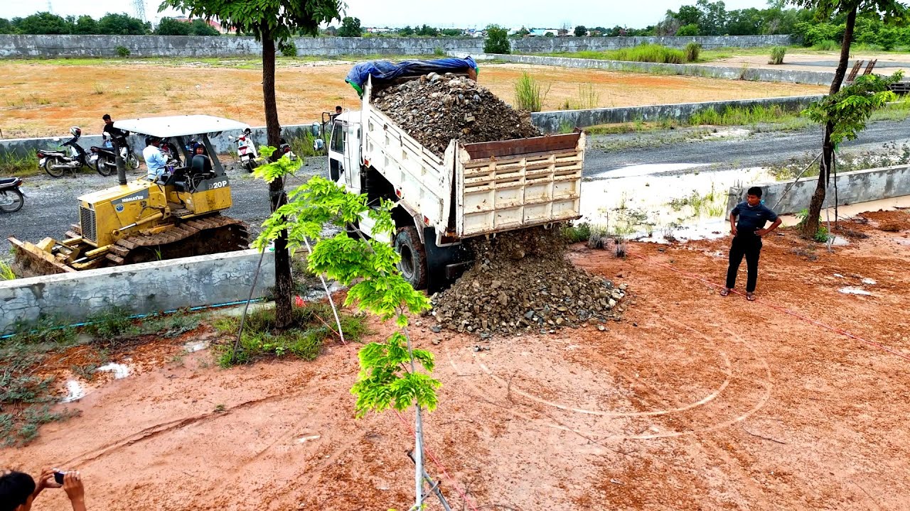 Best Project Building Foundation New Road By komatsu D20P Bulldozer And 5Ton Truck Dumping Soil