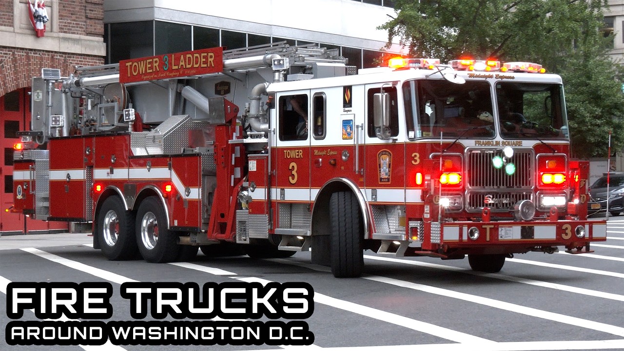 Fire trucks responding to a structure fire, smoke investigation and a stuck elevator in D.C.