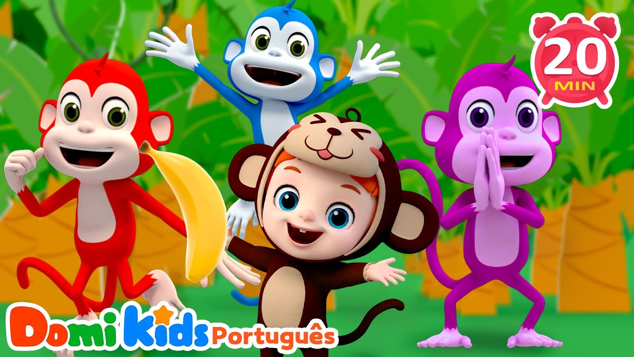 Cinco Macaquinhos Pulando na Cama 🐒 | Canções de Animais | Domi Kids Festa dos Animais