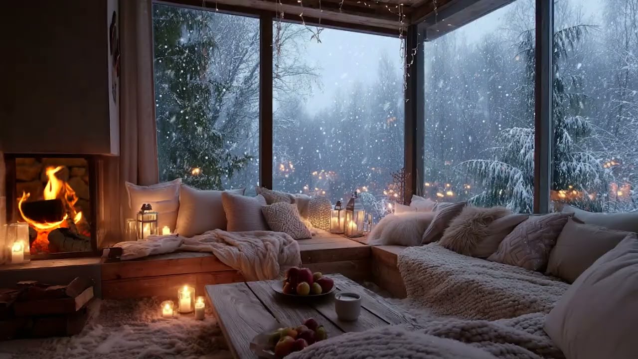 Snowfall Outside Cozy Cabin 4K ❄️🌨 | Fireplace & Gentle Piano for Sleep