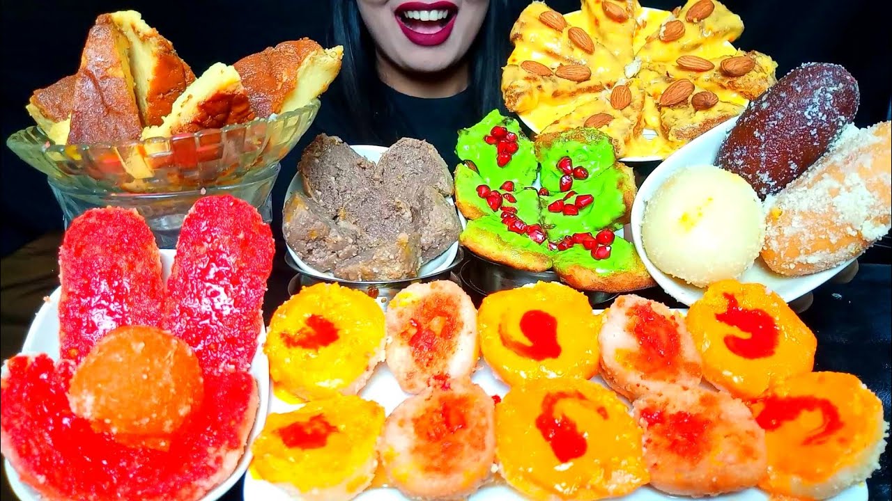 ASMR:EATING HUGE QUANTITY SWEET|MALAI CHOP,JAFRANI SPONGE,SHAHI TUKRA,SONDESH,RASGOLLA #hungrygirl