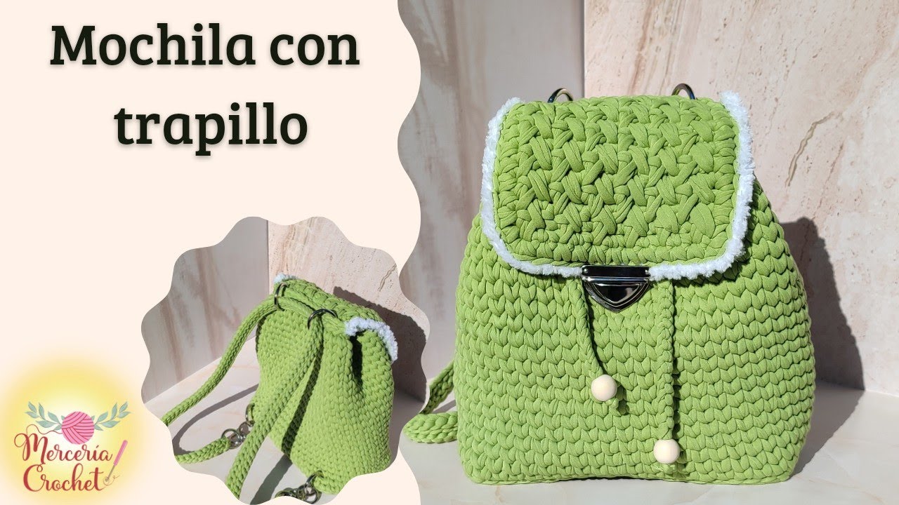 Mochila a crochet tejida con trapillo/ puntos bajos centrados/ bolso tejido.