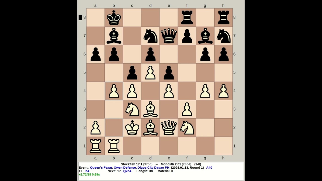Stockfish 17.1 vs Monolith 2.01 | Queen's Pawn: Owen Defense #chess