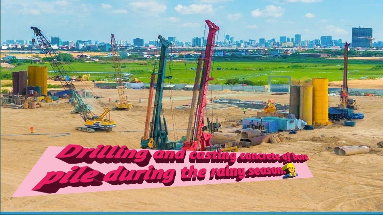 Foundation works: drilling and concrete casting of bored piles during the rainy season.👷