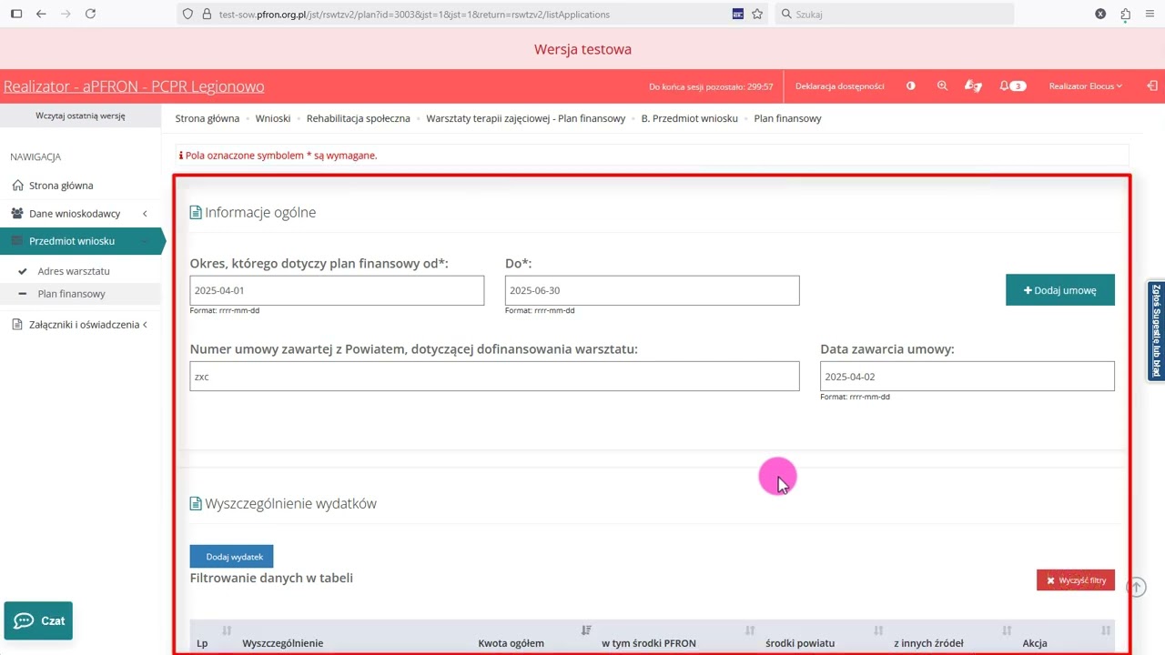 Obsługa SOW – moduł Realizatora. WTZ– Realizator rejestruje plan finansowy złożony przez Instytucję.