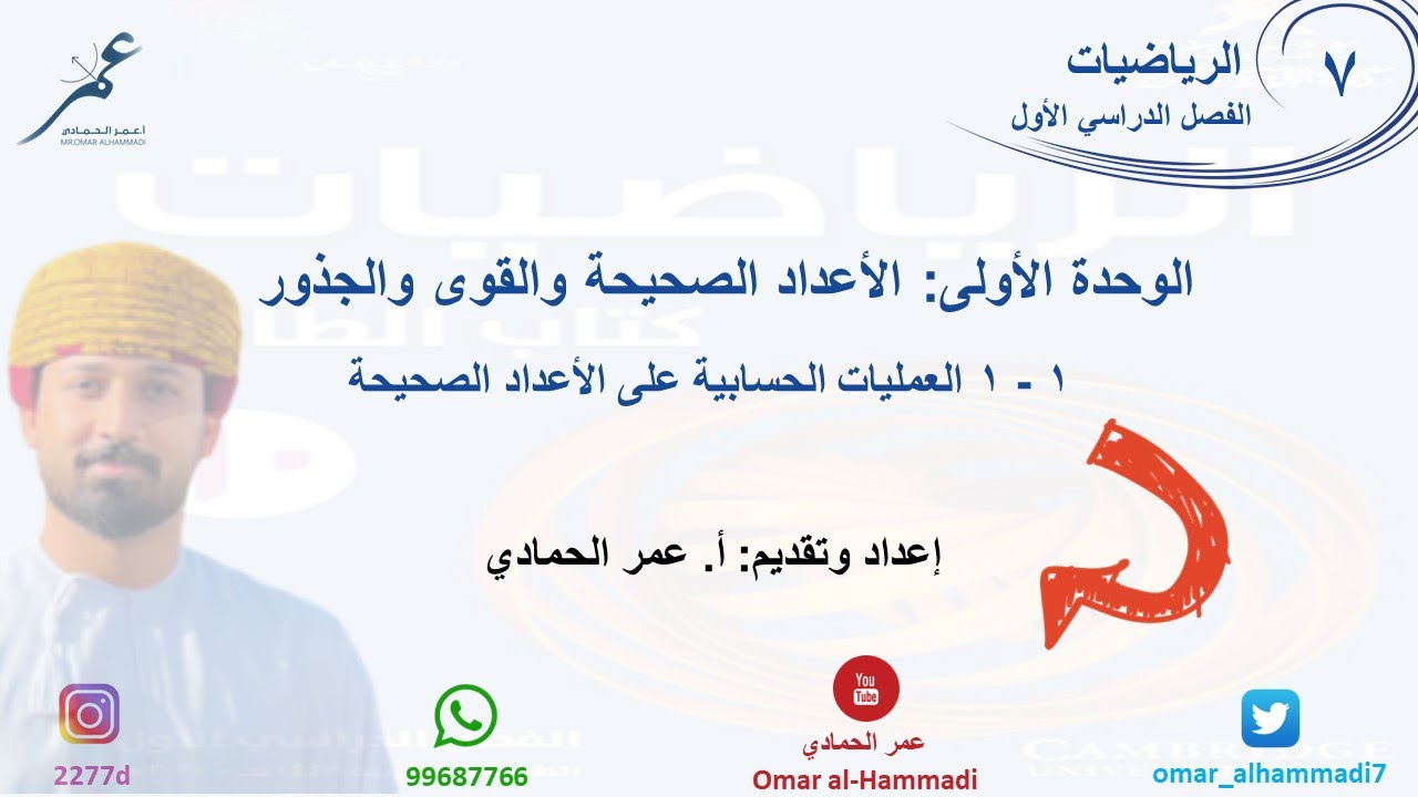 1 - 1 درس العمليات الحسابية على الأعداد الصحيحة  - الرياضيات ( الصف السابع) أ.عمر الحمادي