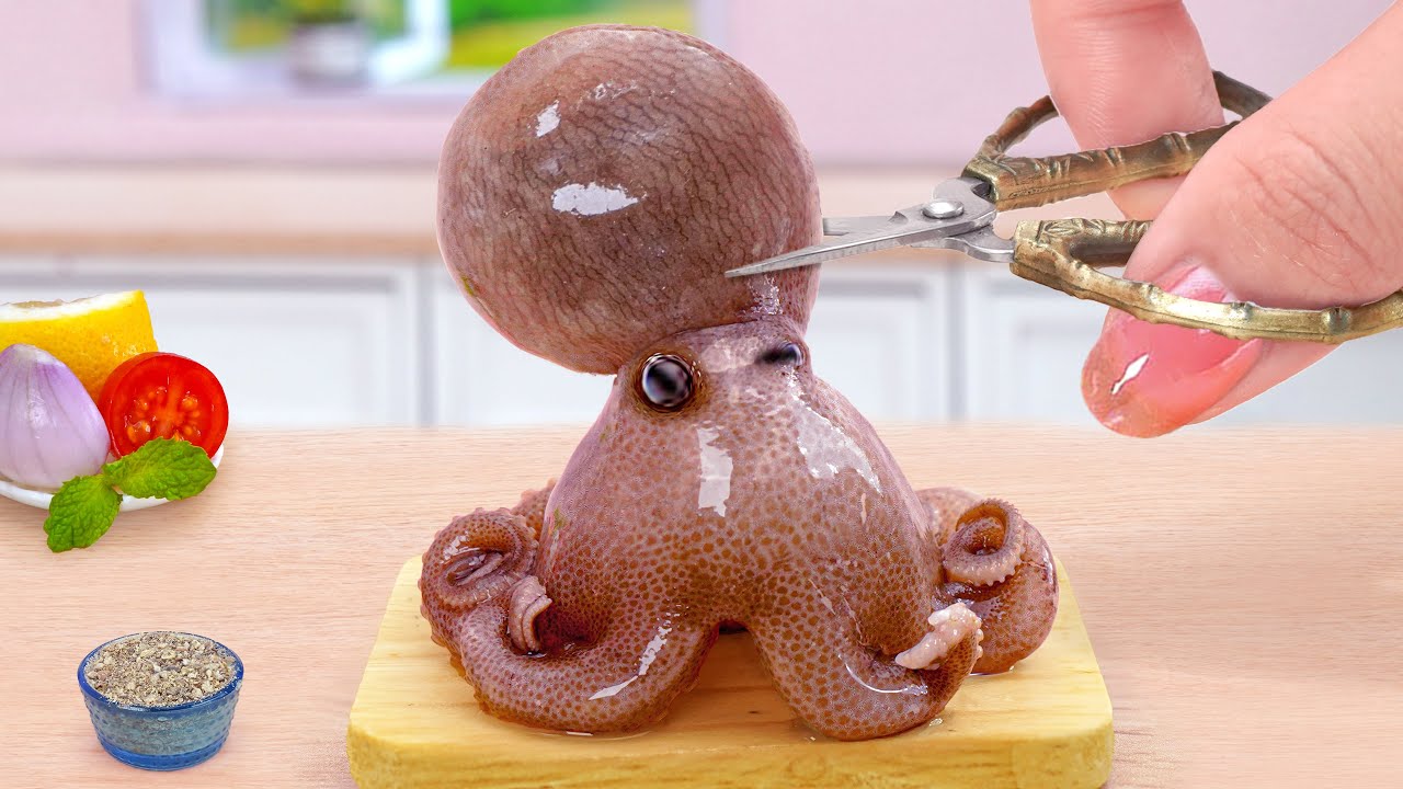 The Best Seafood Recipes 🐙 Miniature Korean Baby Octopus Stir Fried Tomato 💘 Tina Mini Cooking