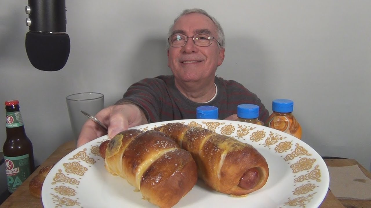 ASMR Eating Homemade Pretzel Dogs Whispering