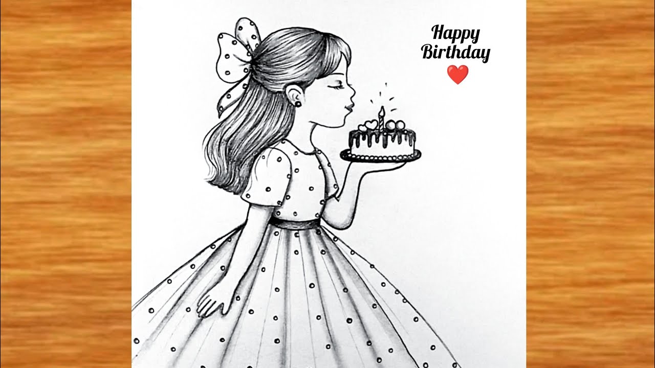 girl holding cake drawing /birthday girl drawing easy/ How to draw for a birthday Girl  card easy 