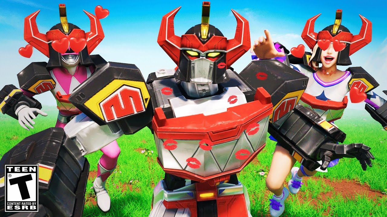 Dino MEGAZORD PLAYS KISS CHASING with GIRLS OBSESSED with LOVE.. Fortnite