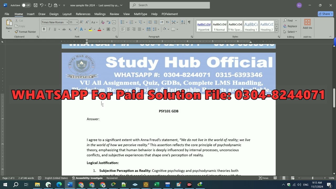 PSY101 GDB Solution 100% Correct Fall 2024