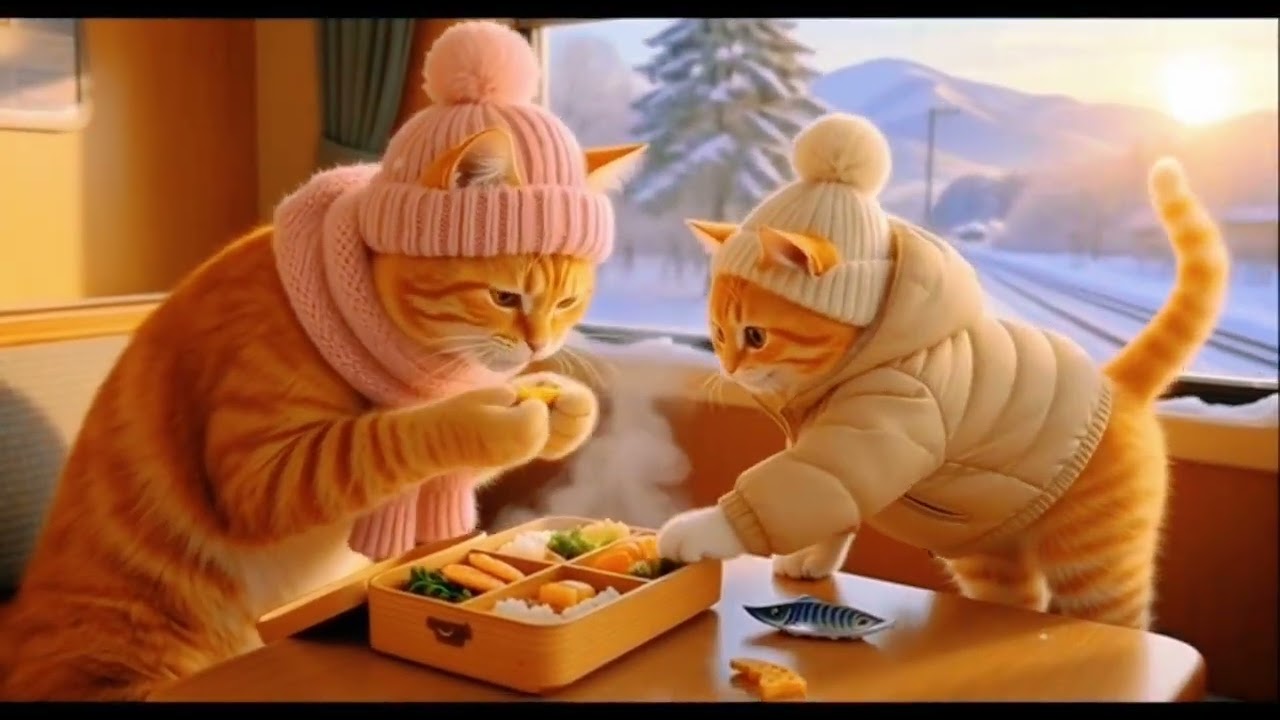 Mother Cat and Her Son Enjoy a Beautiful Snowfall Walk