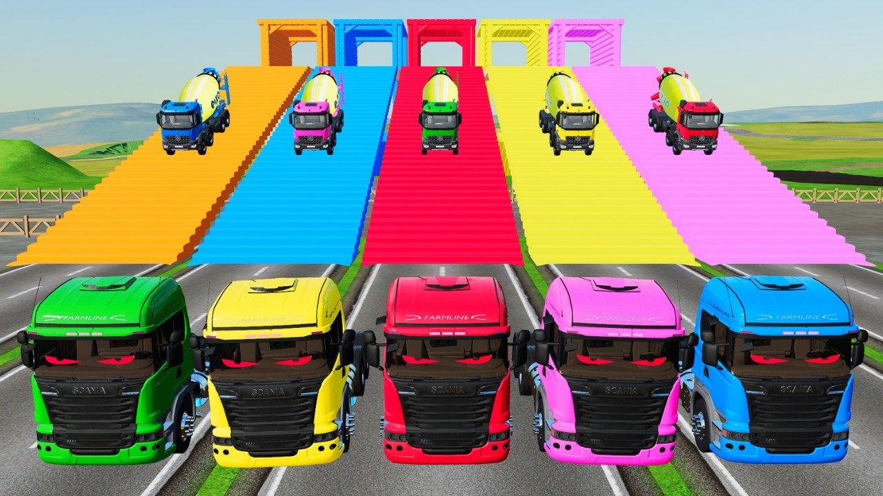 Transporting Colorful Mixer Trucks & Double Flatbed Trailers on Dangerous Terrain FS22 #87