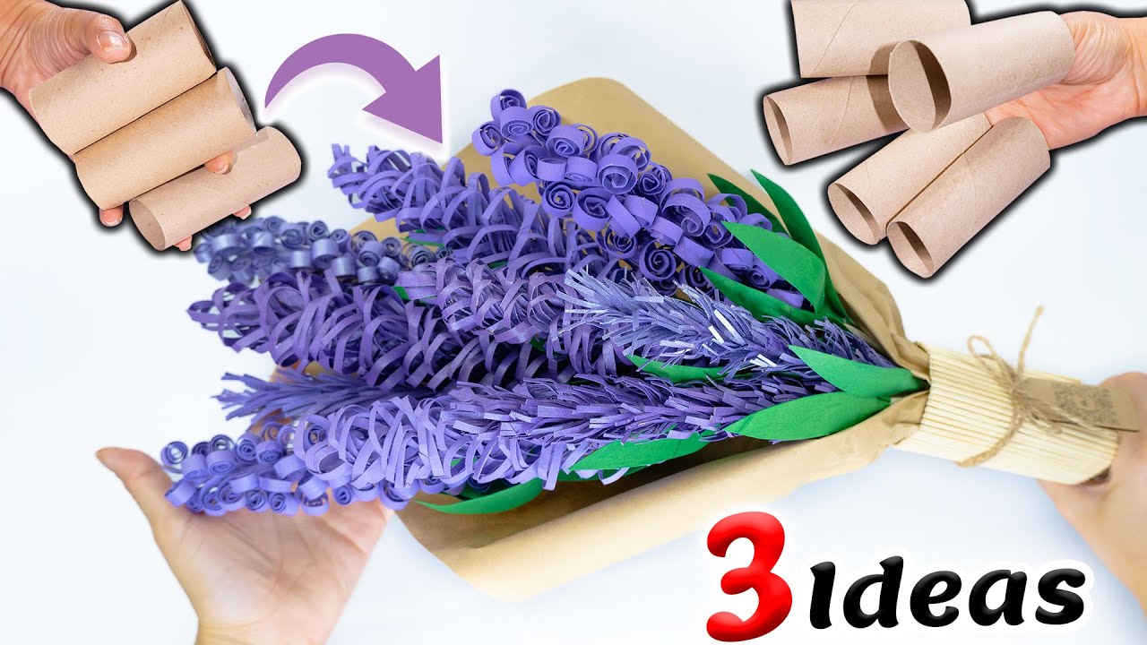 3 Forma de hacer ramos de flores lavanda con rollos de cartón o papel higiénico