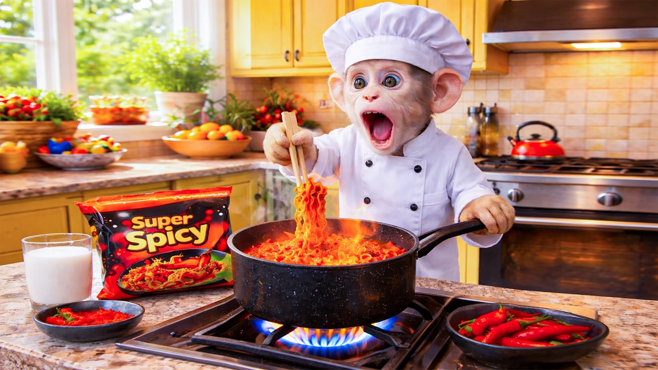 Beb&eacute; Mono Demuestra Sus Dotes Culinarias Preparando Unos Fideos S&uacute;per Picantes 🍜🔥