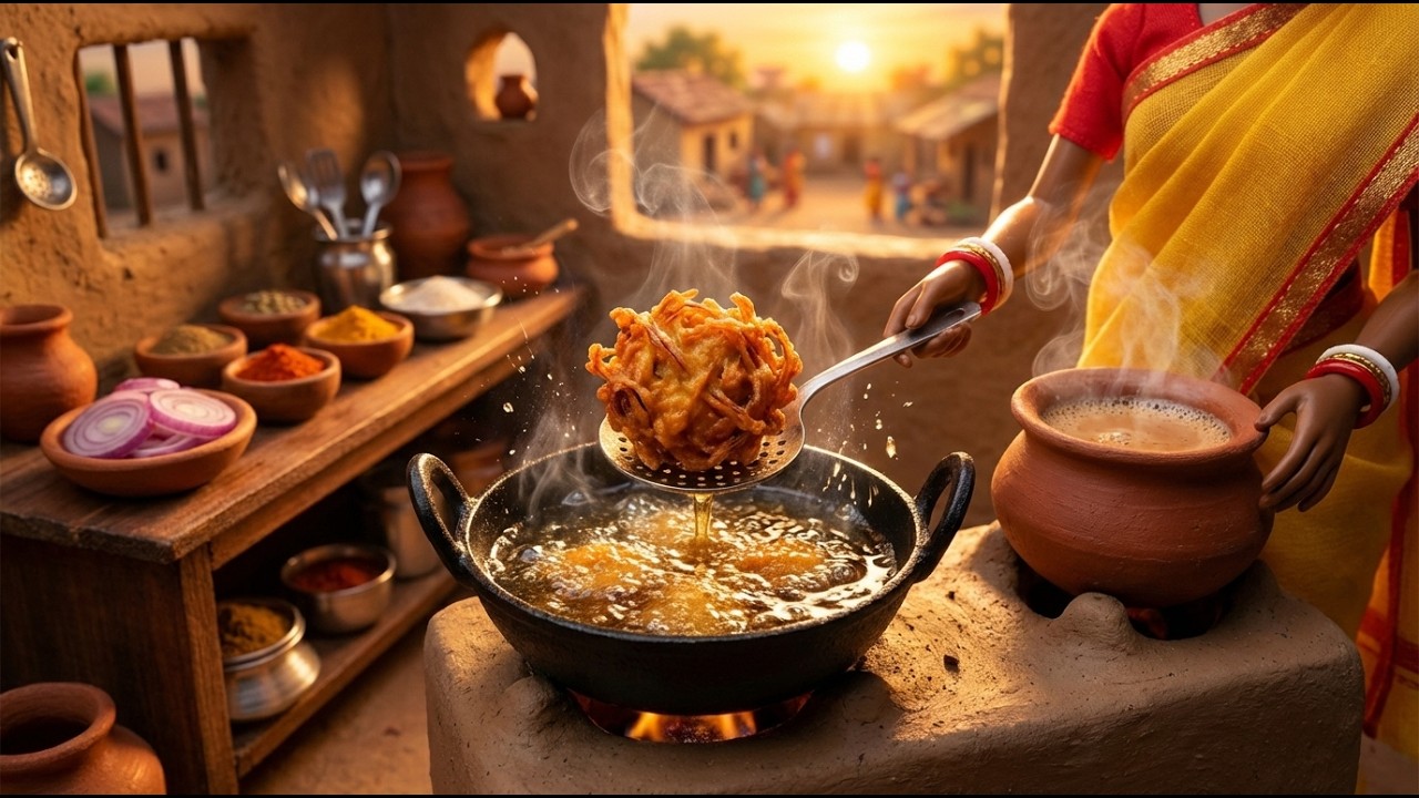 Sunset in Miniature Doll Village | Frying Crispy Onion Pakora & Masala Chai ASMR