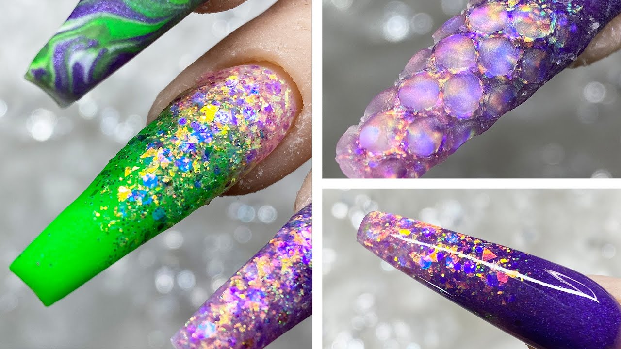 Coffin Shape NEON Green and Purple Nails | NETTING imprint Design