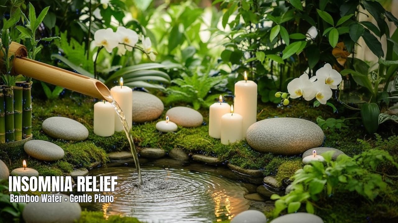 Insomnia Relief: Bamboo Fountain Sounds + Gentle Piano (No Talking) • Live Soundscape