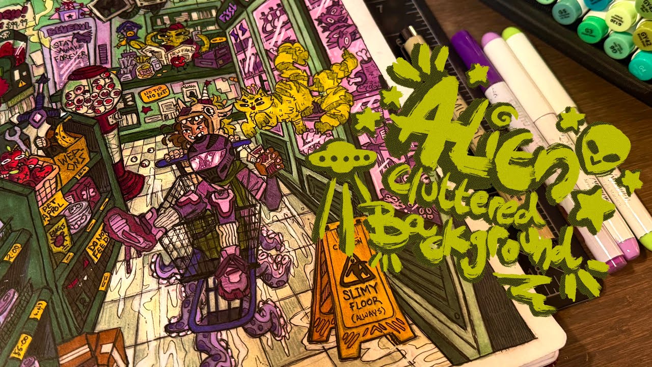 ☕️ how I choose colour palettes for cluttered illustrations || 👽💜🛸💚✨ alien vibes sketchbook spread!!