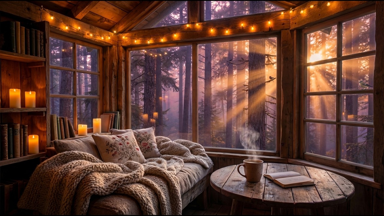 4K Cozy Forest Sunrise Cabin 🌲☀️ 2 Hours of Relaxing Morning Ambience | Birds & Gentle Light