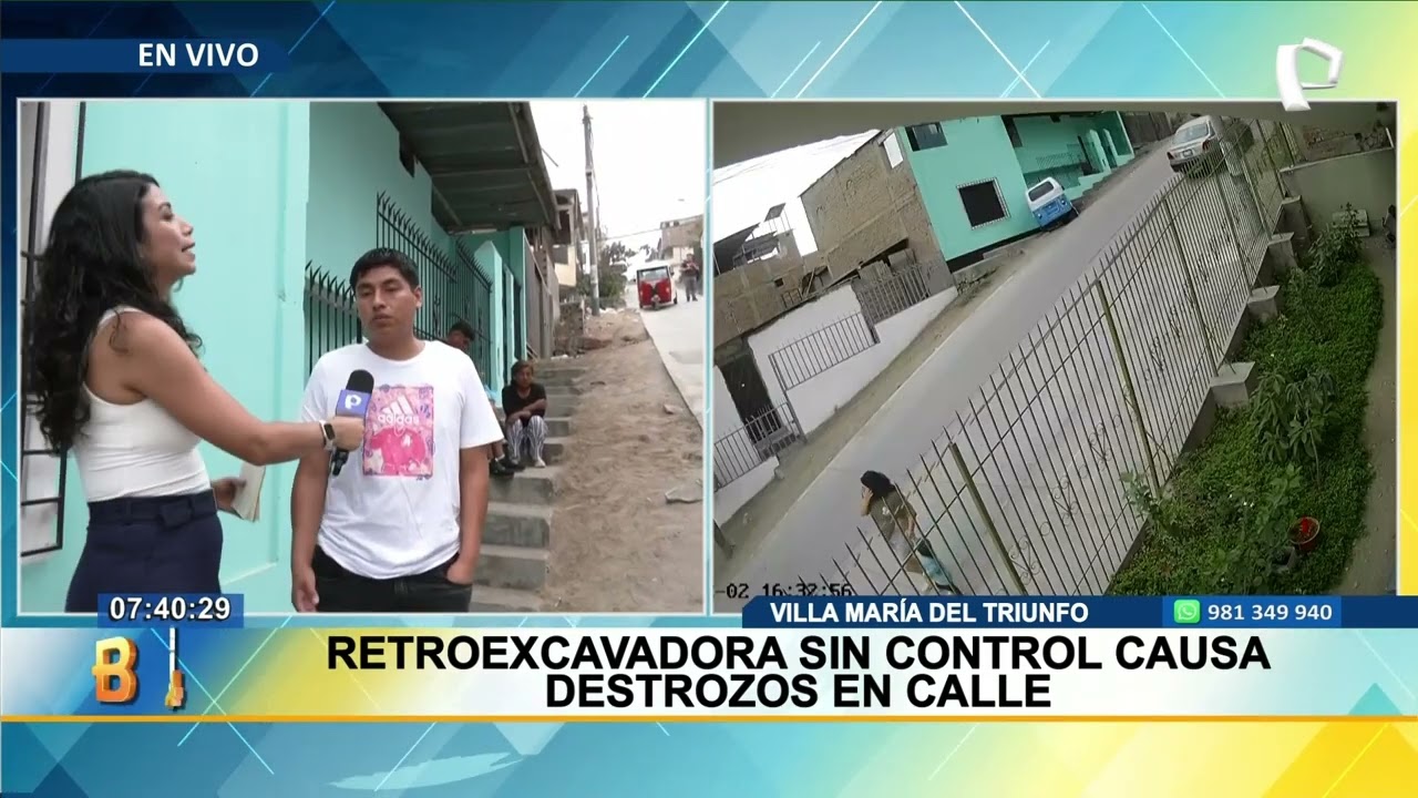 Retroexcavadora cae por pendiente y causa destrozos en calle de VMT