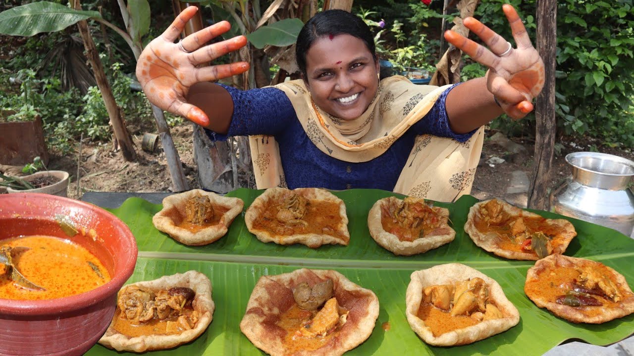 இந்தமாதிரி சாப்பிட்டு இருக்கீங்களா பூரிக்கு மேல சிக்கன் குருமா / poori with chicken kuruma
