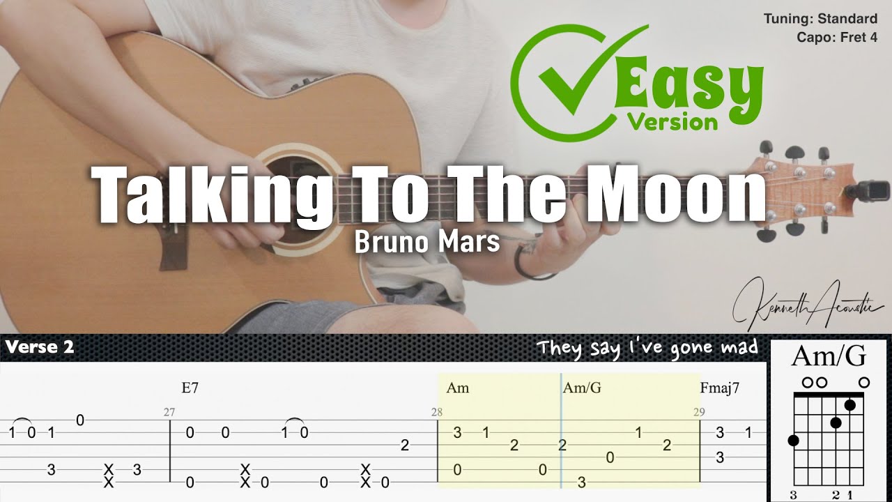 Talking To The Moon (Easy Version) - Bruno Mars | Fingerstyle Guitar | TAB + Chords + Lyrics