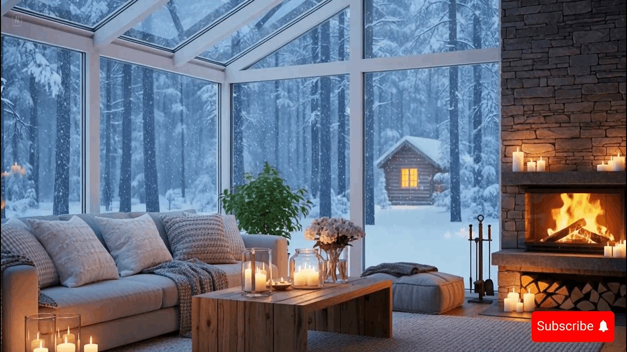 Snowy On Window & Fireplace Crackles in Cozy Living Room Ambience ❄️Gentle Piano for Calm and Relax