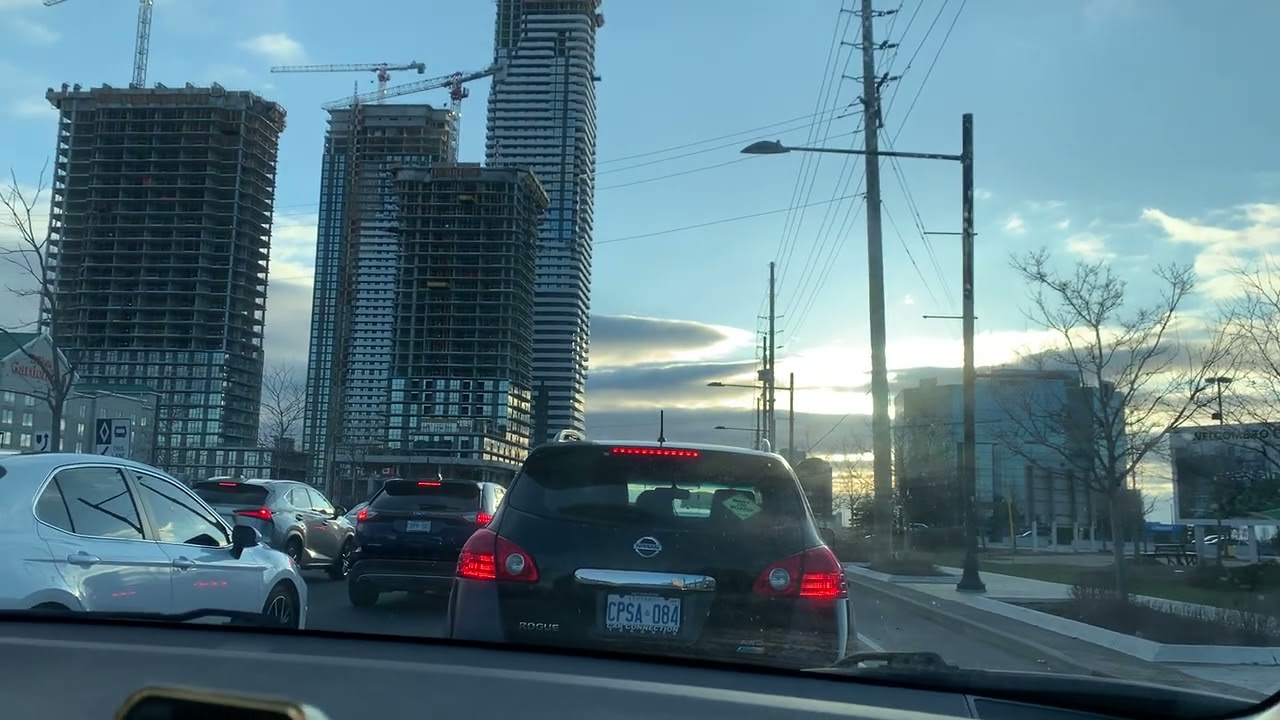 Driving in downtown Vaughan of Ontario Canada in evening