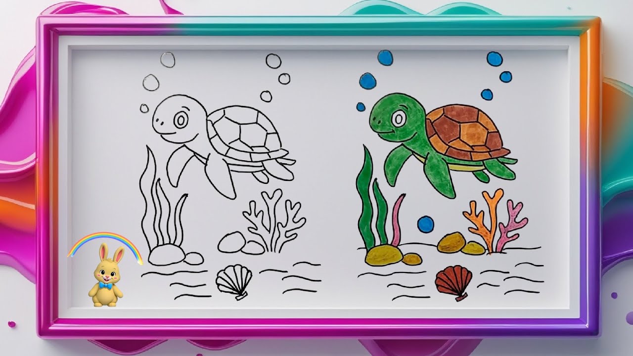 Cute Sea Turtle Drawing & Coloring for Kids 🐢🌊 | Easy Step-by-Step Art