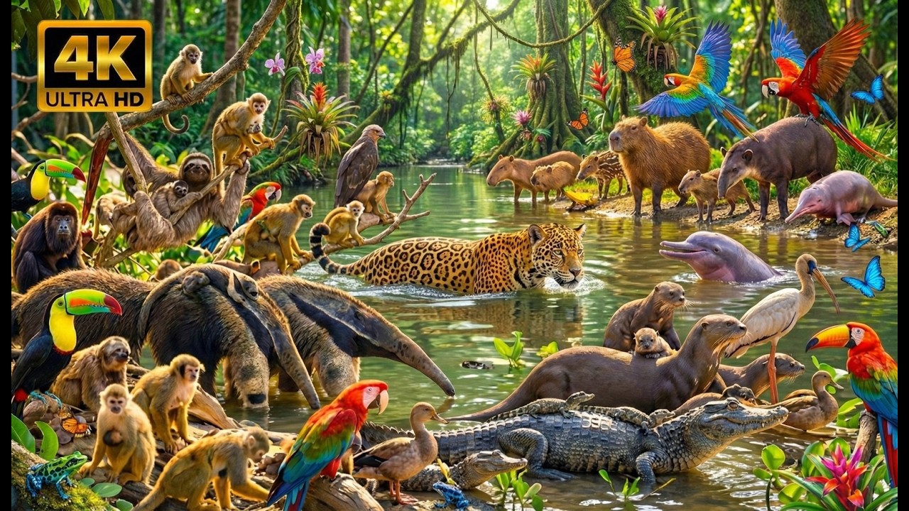 Relaxing Walk In The Amazon: The Mirror Forest Flooded Jungle Swimming Jaguar& Rare Animals (4K HDR)