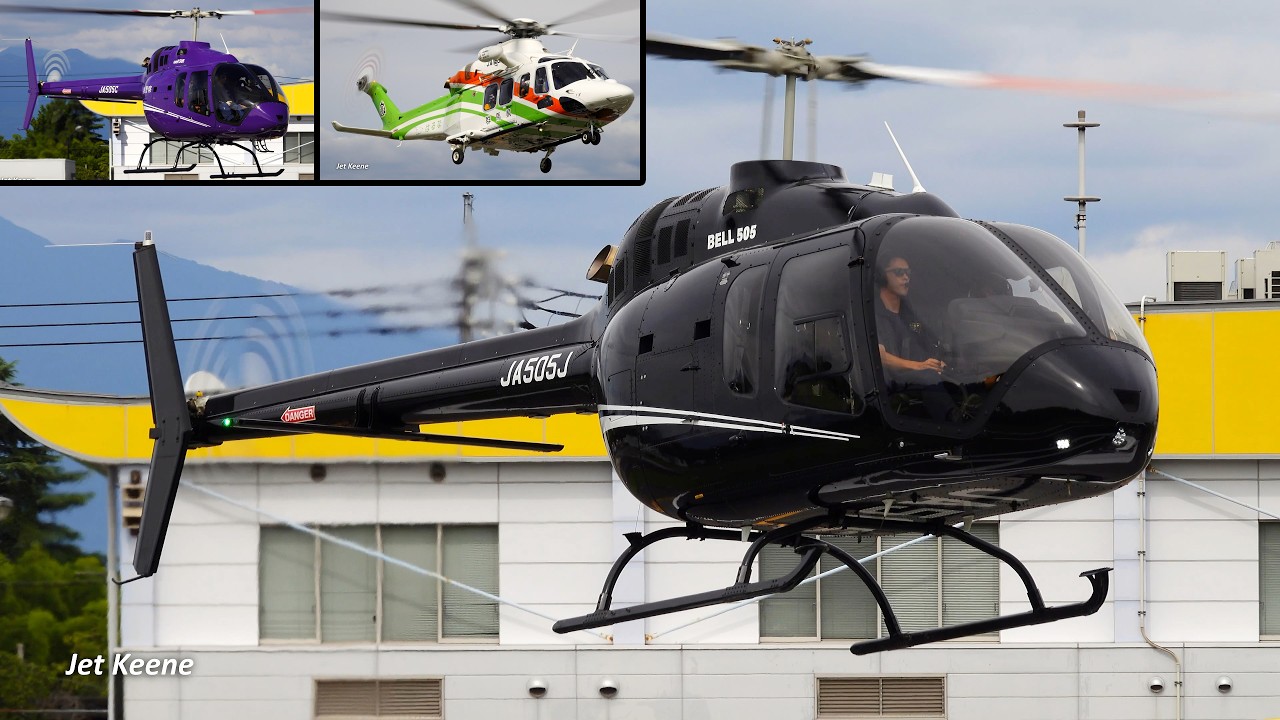 Two Bell 505 Jet Ranger X Helicopters Takeoff & Landing, etc.