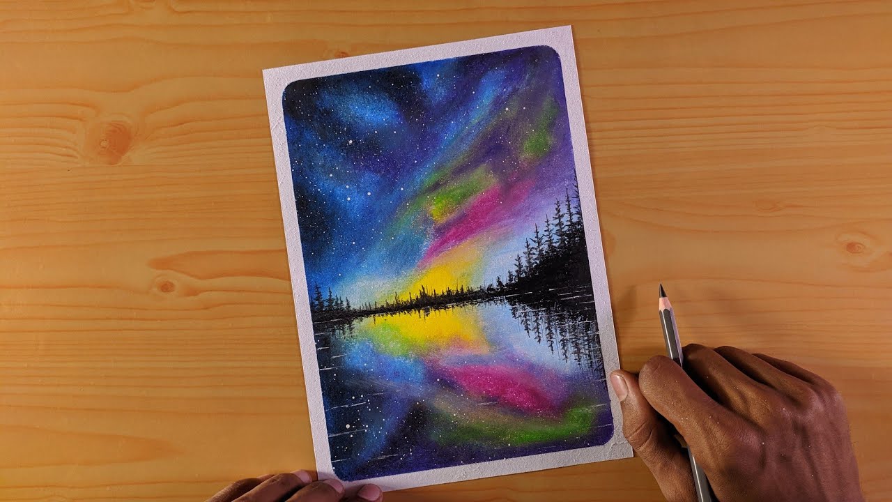 Aurora Night Sky Landscape - Oil Pastels Drawing for beginners - Art Artistry