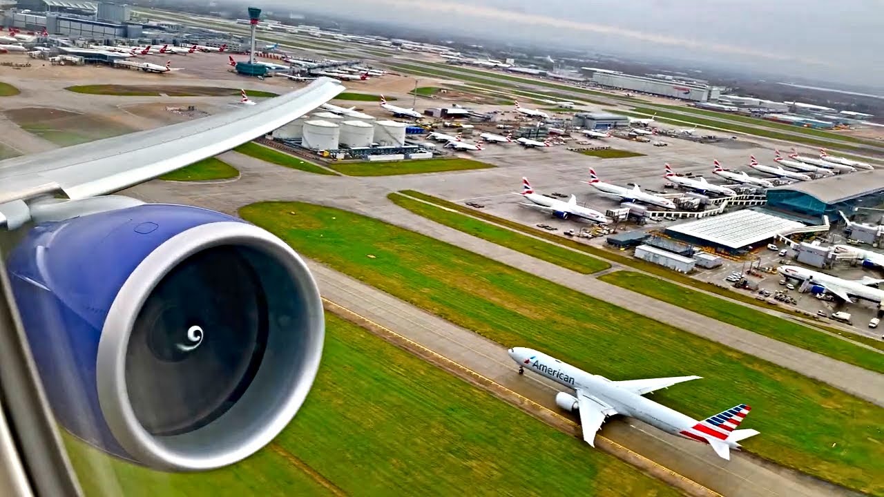 BOEING 777-300ER GE90 Engine View - Rainy Day Take Off From London Heathrow