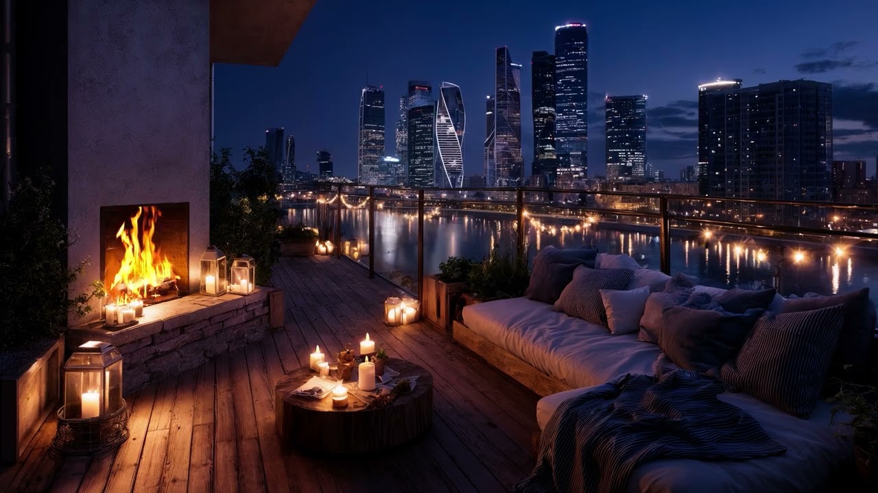 Cozy Fireplace New York City Balcony Ambience 🔥| Night Rain, Warm Fire for Sleep, Focus & Work 🏙️