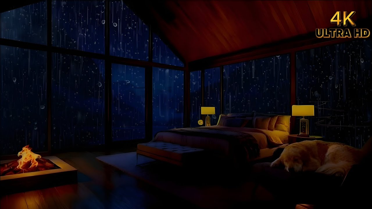 Warm Fireplace & Soft Rain in a Loft Cabin | 4K Relaxing Night Ambience