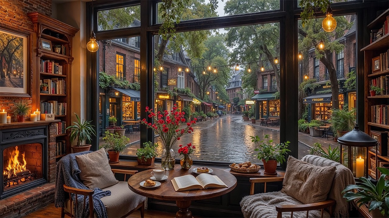 Beautiful March Rainy Coffee Shop Ambience ☕ Soft Jazz Music & Cozy Fireplace for Study & Work