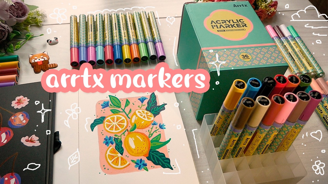 🍋Trying Out Arrtx Acrylic Markers 36 pcs 3 mm dot tip - Unboxing and review | draw with me ASMR