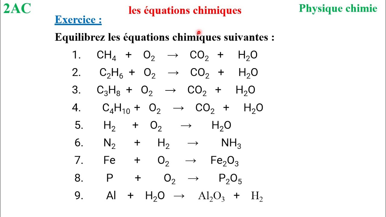 Exercice: équilibrer des équations chimiques :2 eme année collège biof