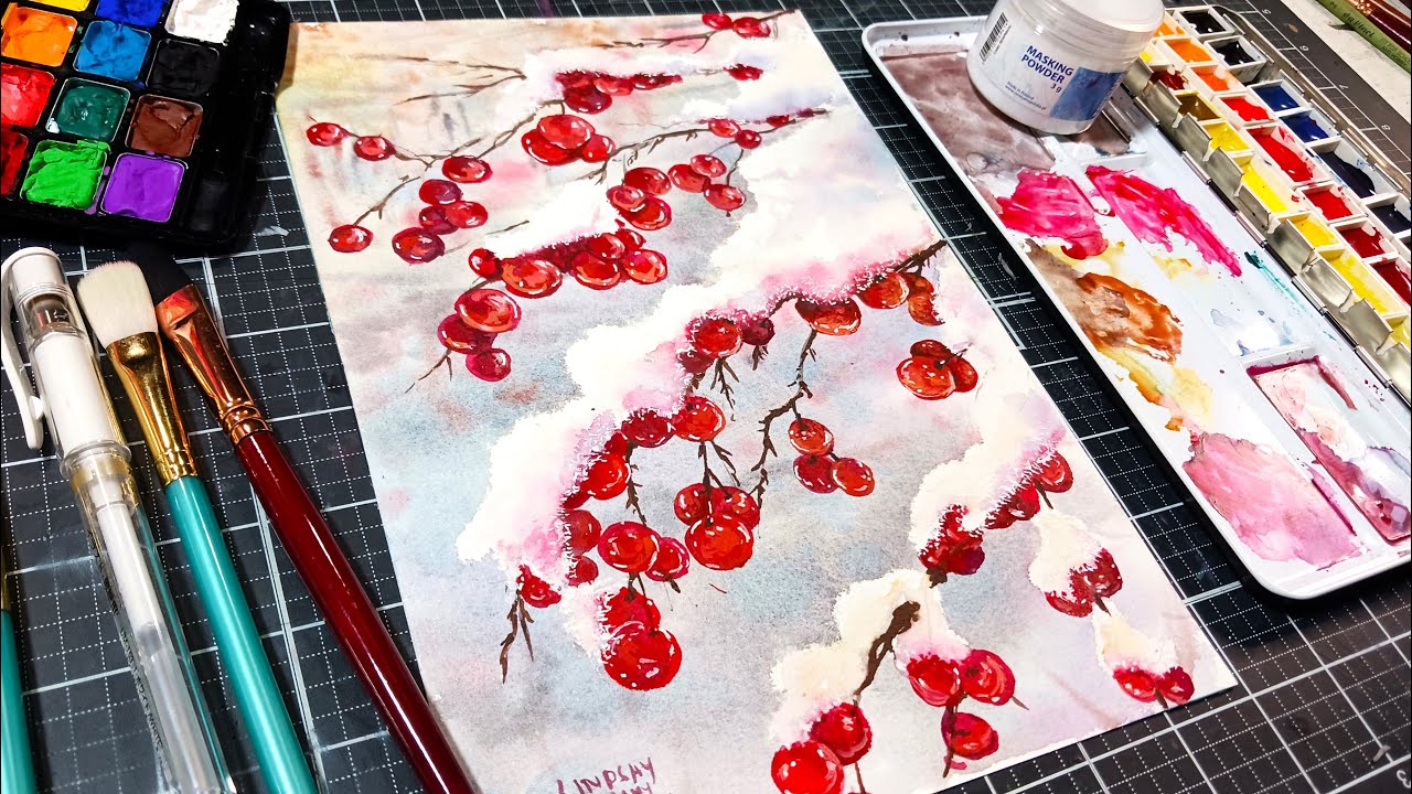 What is Masking Powder? Berries in the Snow in Watercolor