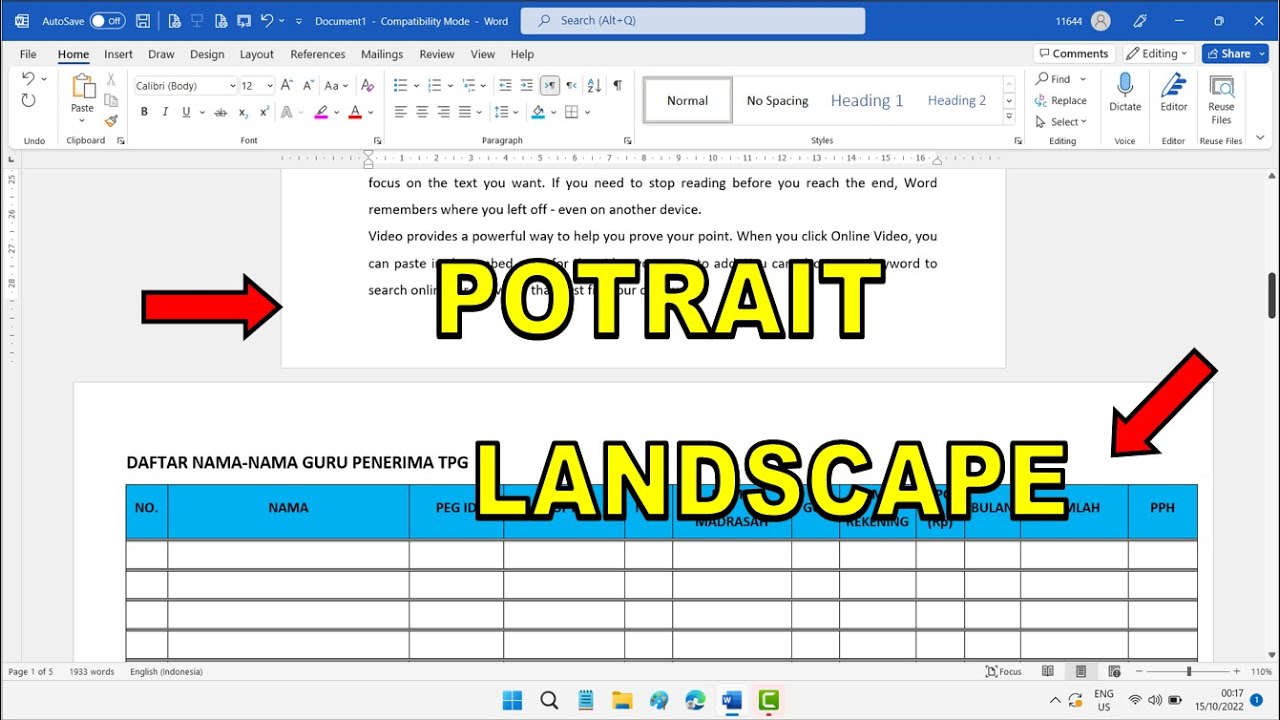 Cara Menggabung Potrait dan Lansdcape di Word
