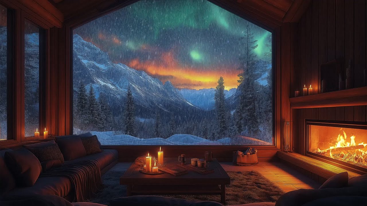Deep Sleep ASMR | Winter Aurora Night in a Cozy Log Cabin 😴🌌 Fireplace & Snowstorm Sounds
