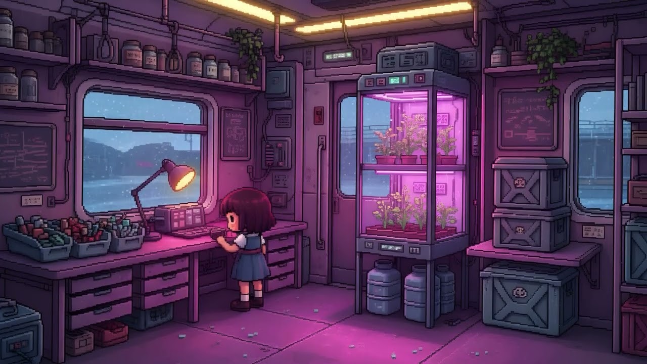 Inside a Neon Pixel Train Cabin at Midnight | Rain on the Windows, Endless Rails, No Destination