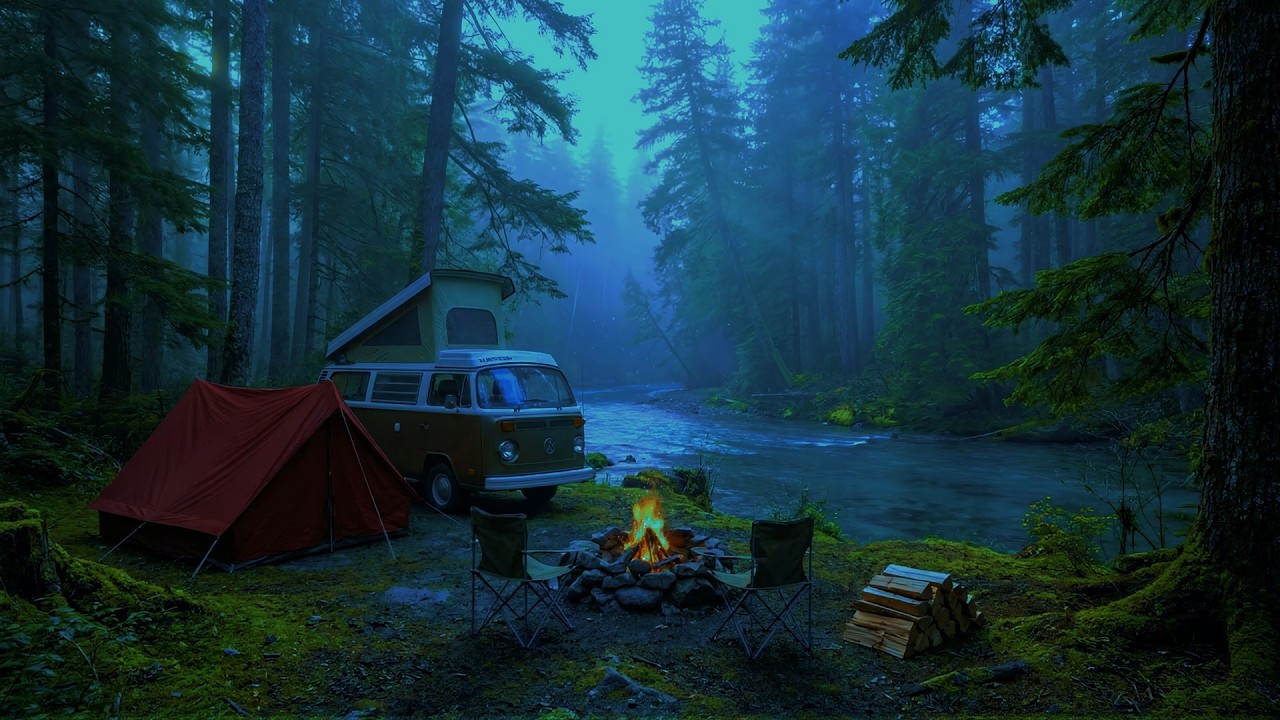Cozy Campfire by a Calm Forest River (White Noise) | Natural Stream Sounds for Deep Sleep and Relax