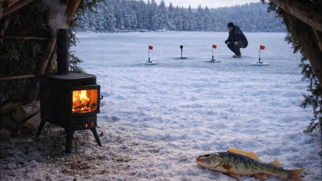bushcraft in harsh winter fishing solo cooking by the lake