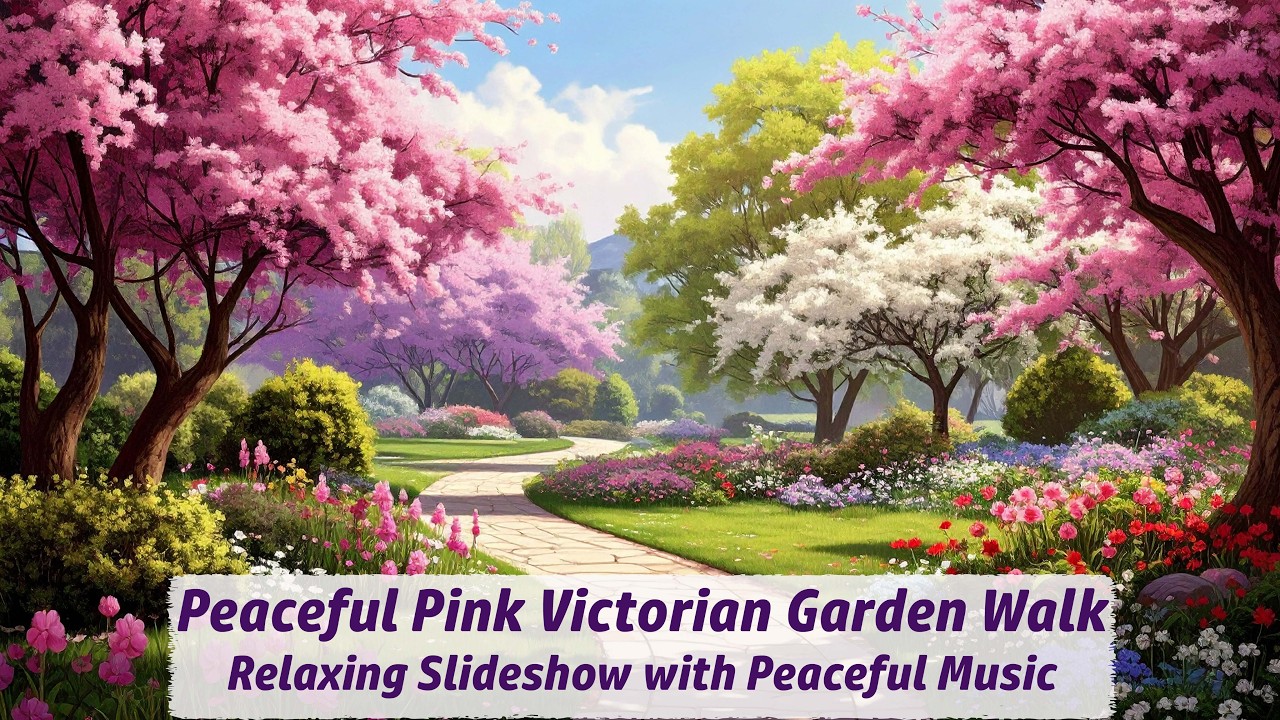 Peaceful Pink Victorian Garden Walk ~ Relaxing Nature Images & Calming Music & Goldfinch Birdsong